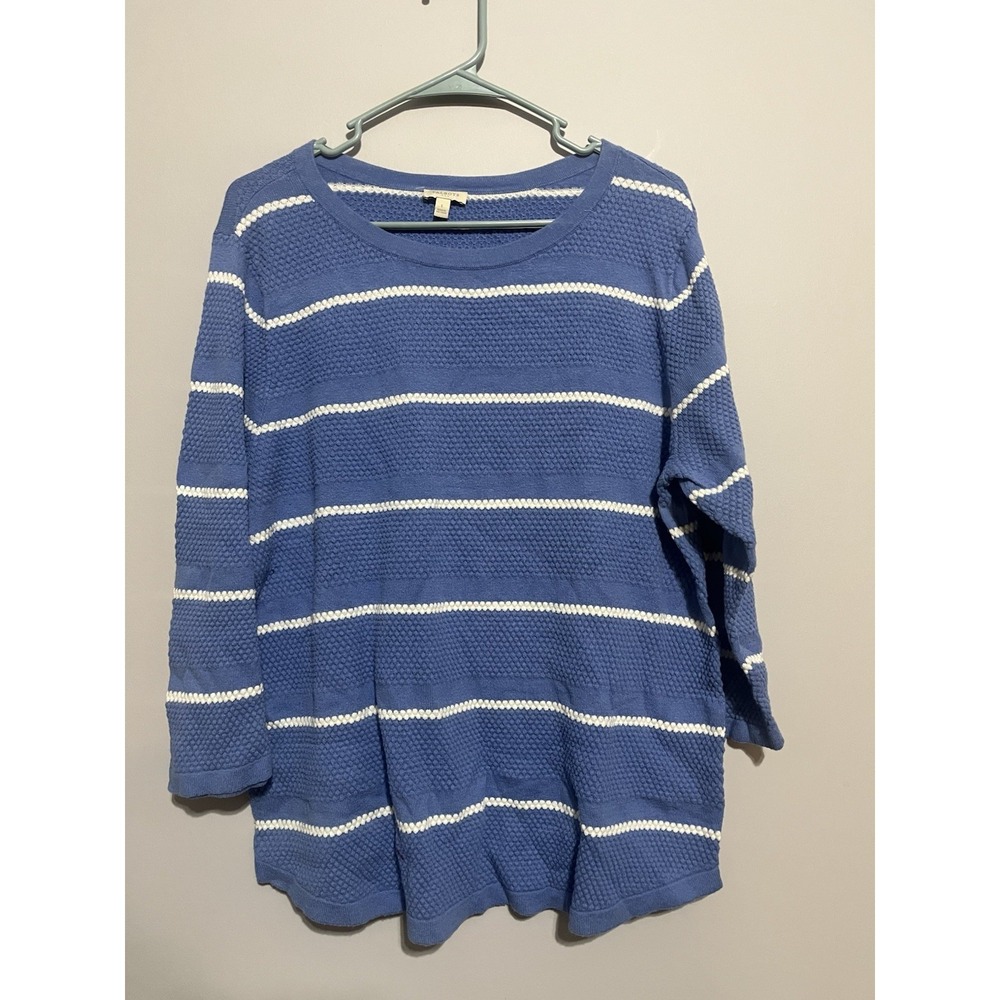 Talbots Sweater Top Women Large Blue Striped Waffle Knit 3/4 Sleeve‎ Casual